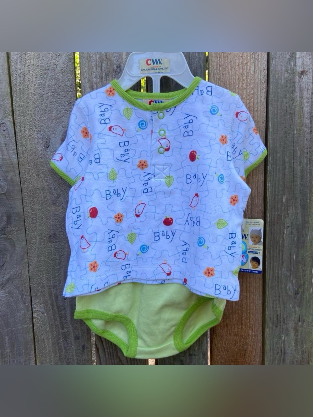 Vintage H.W Carter & Sons 2 piece Infant Set 6/9month Cotton Green Puzzle NWT